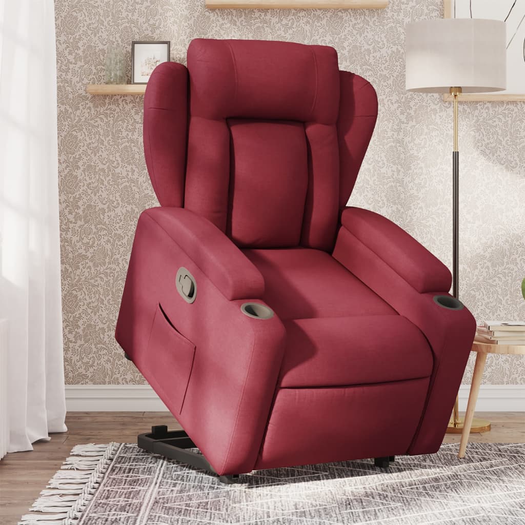 Reclinerfåtölj med uppresningshjälp vinröd tyg