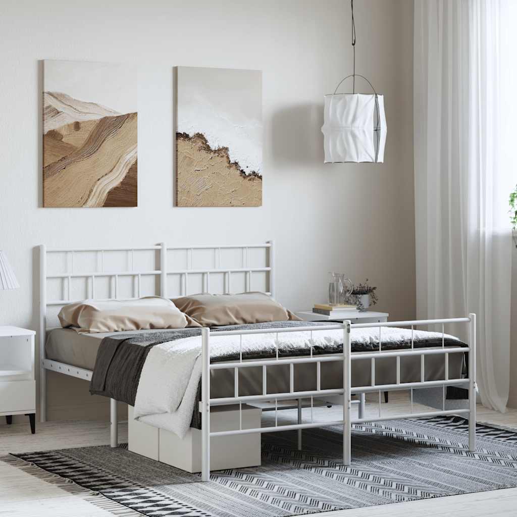 Sängram med huvudgavel och fotgavel vit metall 150x200 cm