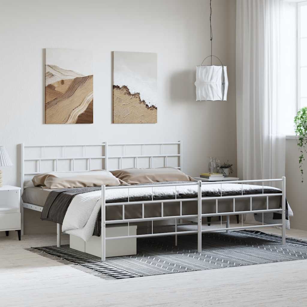 Sängram med huvudgavel och fotgavel vit metall 193x203 cm