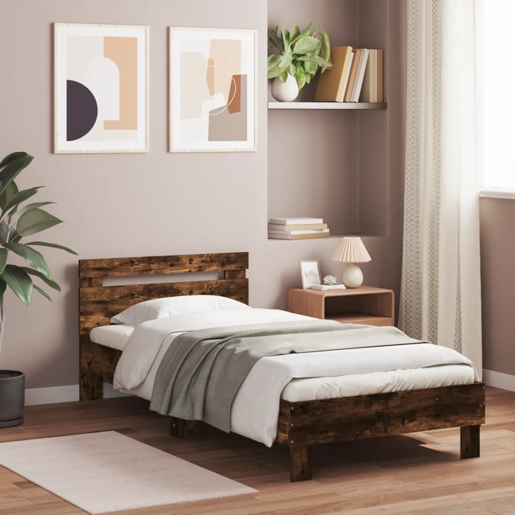 Sängram med huvudgavel rökfärgad ek 75x190 cm konstruerat trä