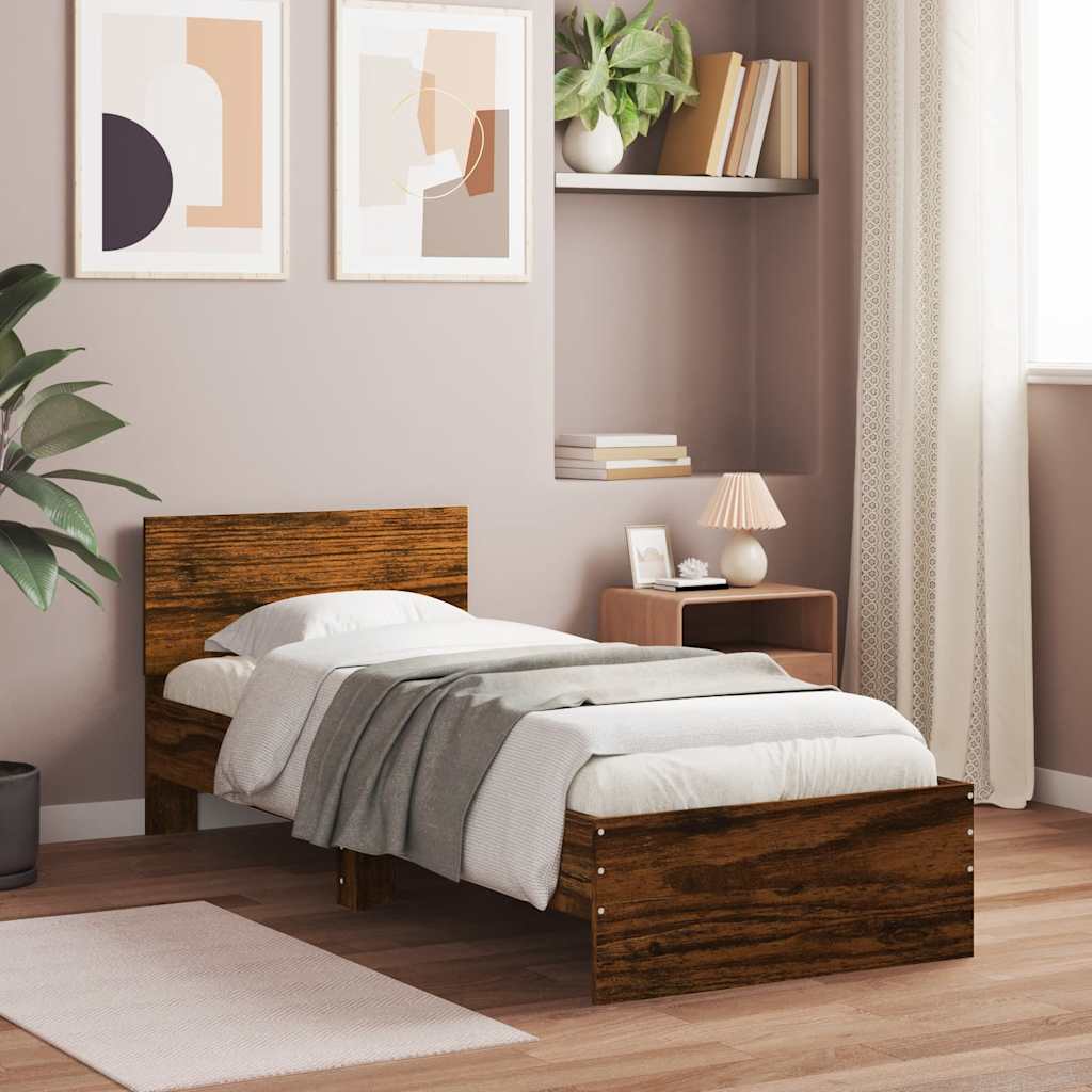 Sängram med huvudgavel rökfärgad ek 90x200 cm konstruerat trä