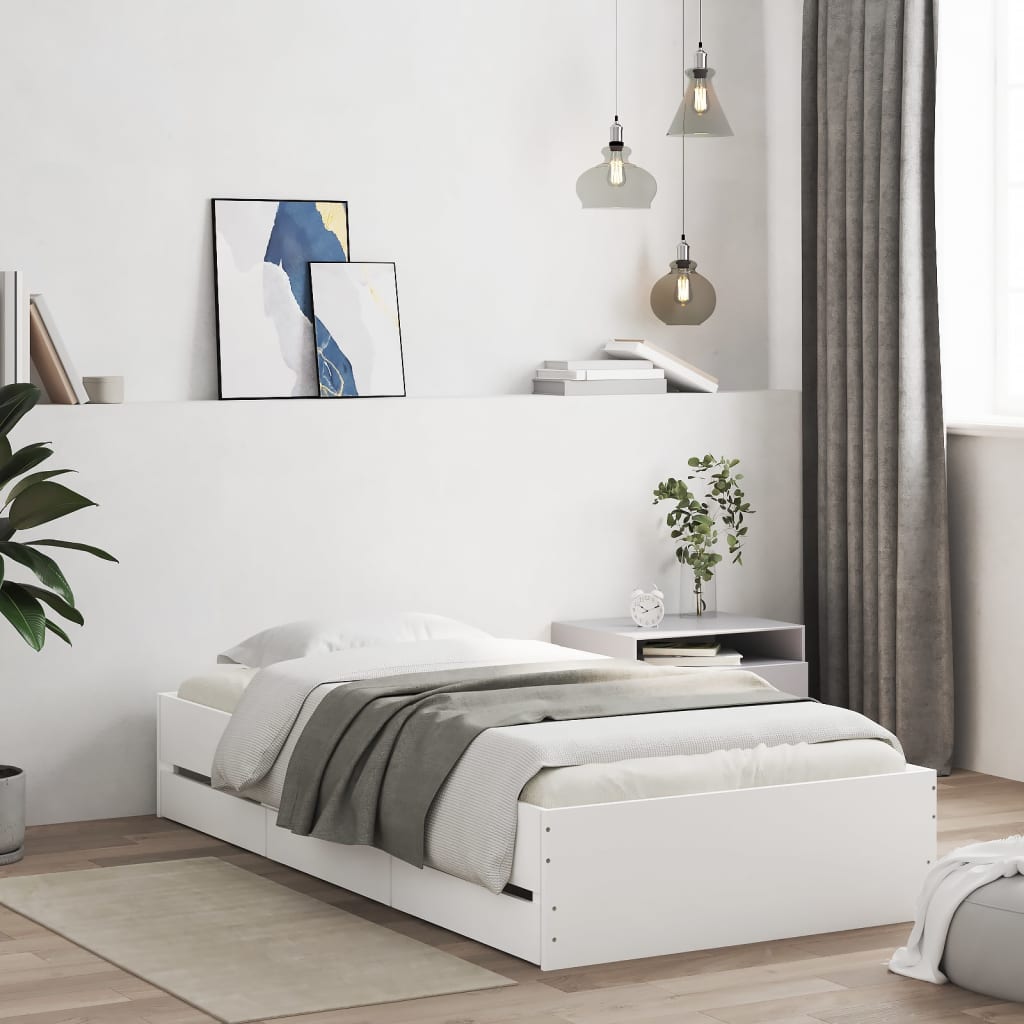 Sängram med lådor vit 90x200 cm konstruerad trä