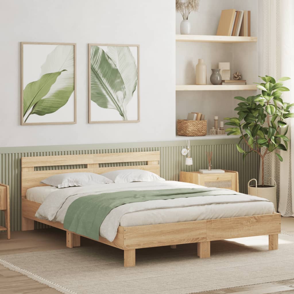 Sängram med huvudgavel och LED sonoma-ek 150x200 cm