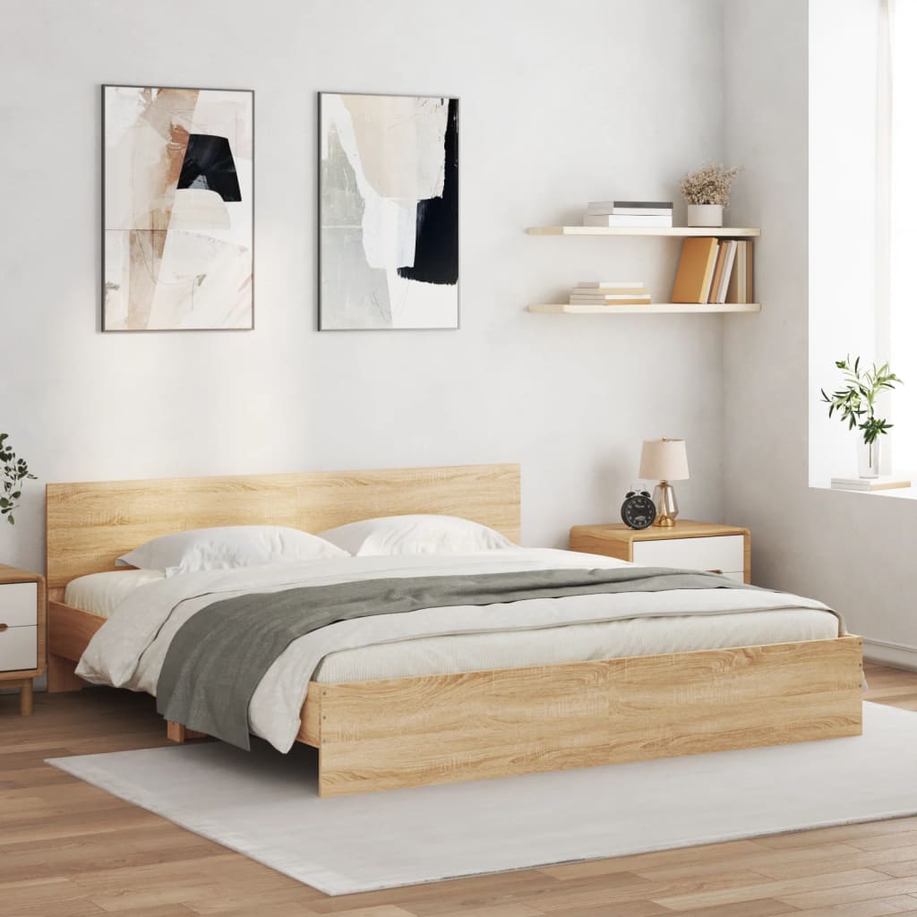 Sängram med huvudgavel och LED sonoma-ek 200x200 cm
