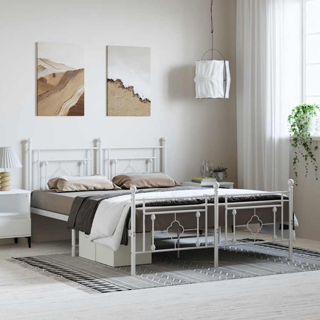 Sängram med huvudgavel och fotgavel vit metall 150x200 cm