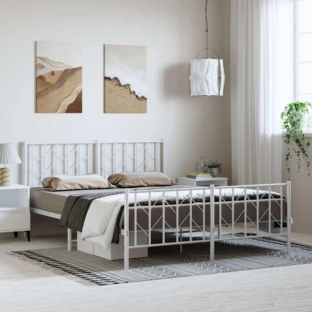 Sängram med huvudgavel och fotgavel vit metall 150x200 cm