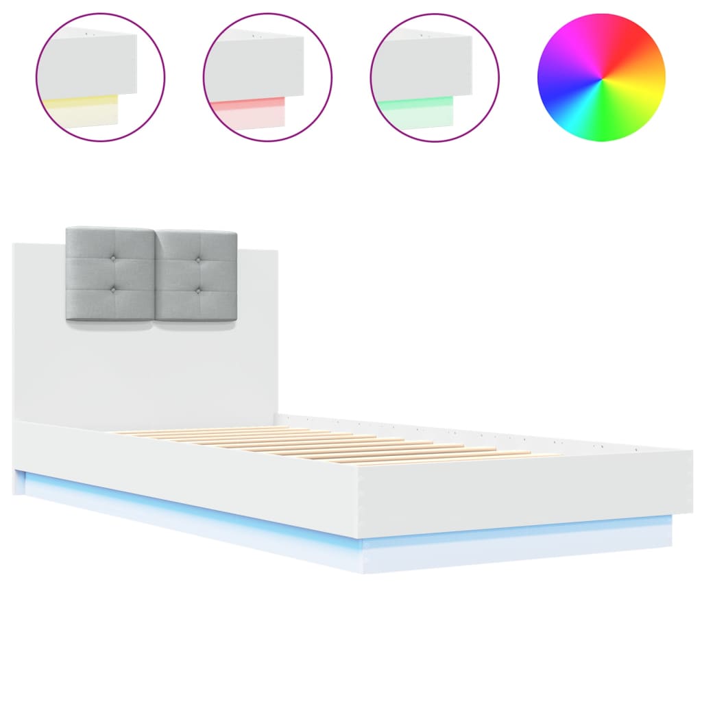 Sängram med huvudgavel och LEDs vit 90x200 cm