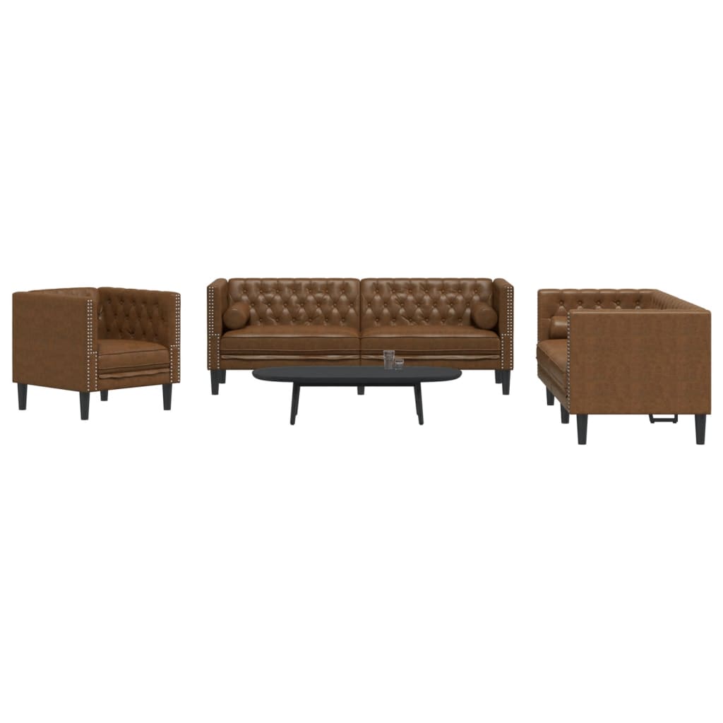 Soffgrupp chesterfield 3 delar bolsterkuddar brun konstmocka