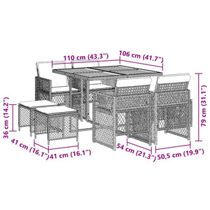Matgrupp för trädgården med dynor 9 delar beige konstrotting