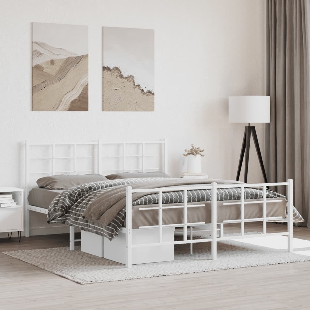 Sängram med huvudgavel och fotgavel vit metall 150x200 cm