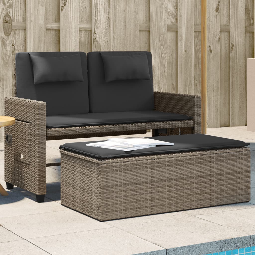 Justerbar trädgårdsbänk med dynor grå konstrotting