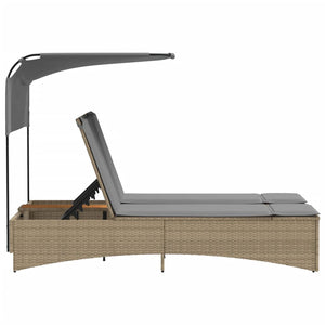 Dubbel solsäng med tak och dynor mixbeige konstrotting