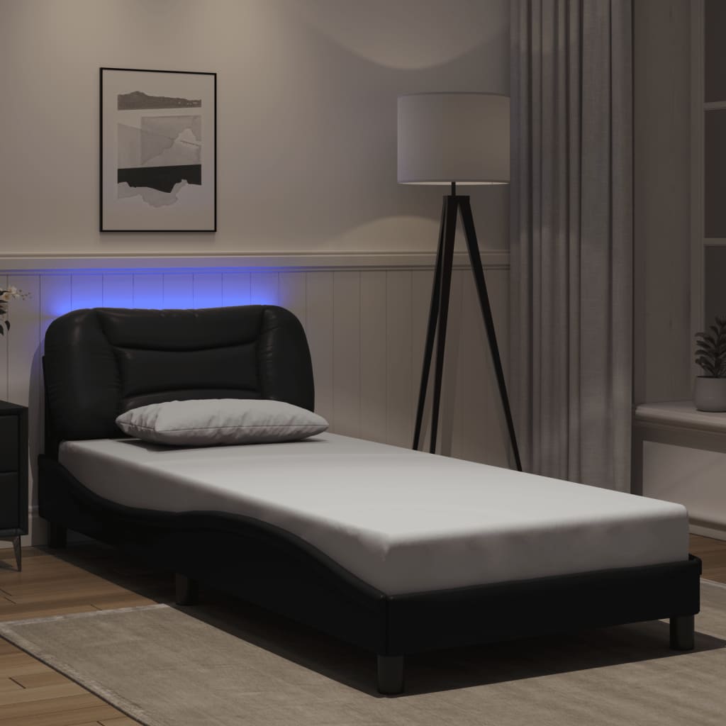 Sängram med LED utan madrass Hvar svart 90x200 cm konstläder