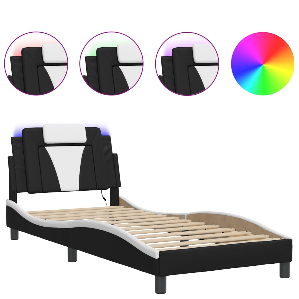 Bed Frame "Viana" with LED without Mattress Black and White 80x200 cm