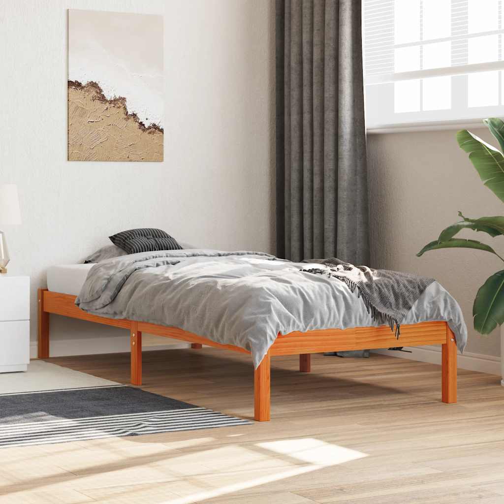 Sängram utan madrass vaxbrun 75x190 cm massiv furu