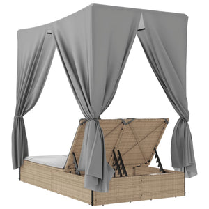 Dubbel solsäng med tak och dynor beige konstrotting