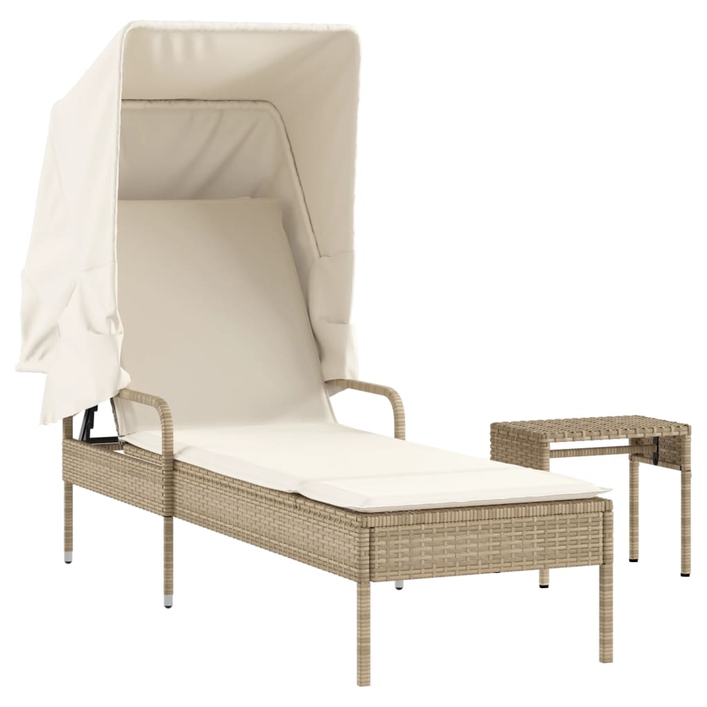 Solsäng med tak och bord beige konstrotting
