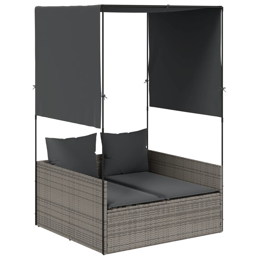 Dubbel solsäng med tak och dynor grå konstrotting