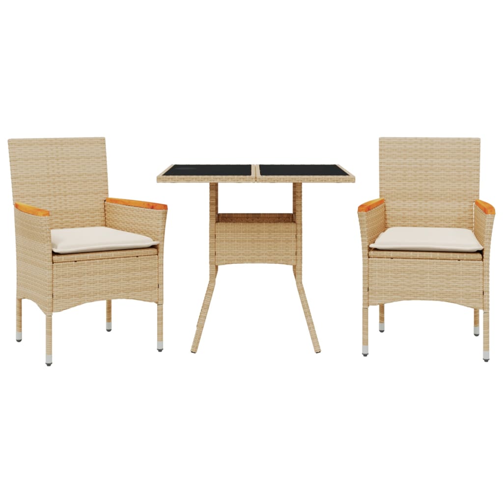 Matgrupp för trädgård med dynor 3 delar beige konstrotting&glas