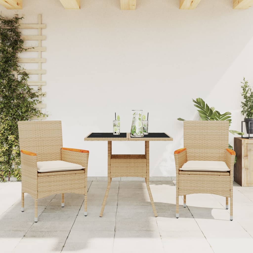 Matgrupp för trädgård med dynor 3 delar beige konstrotting&glas