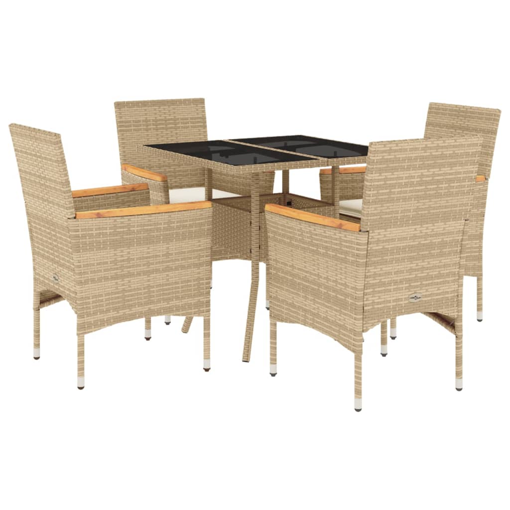 Matgrupp för trädgård med dynor 5 delar beige konstrotting&glas