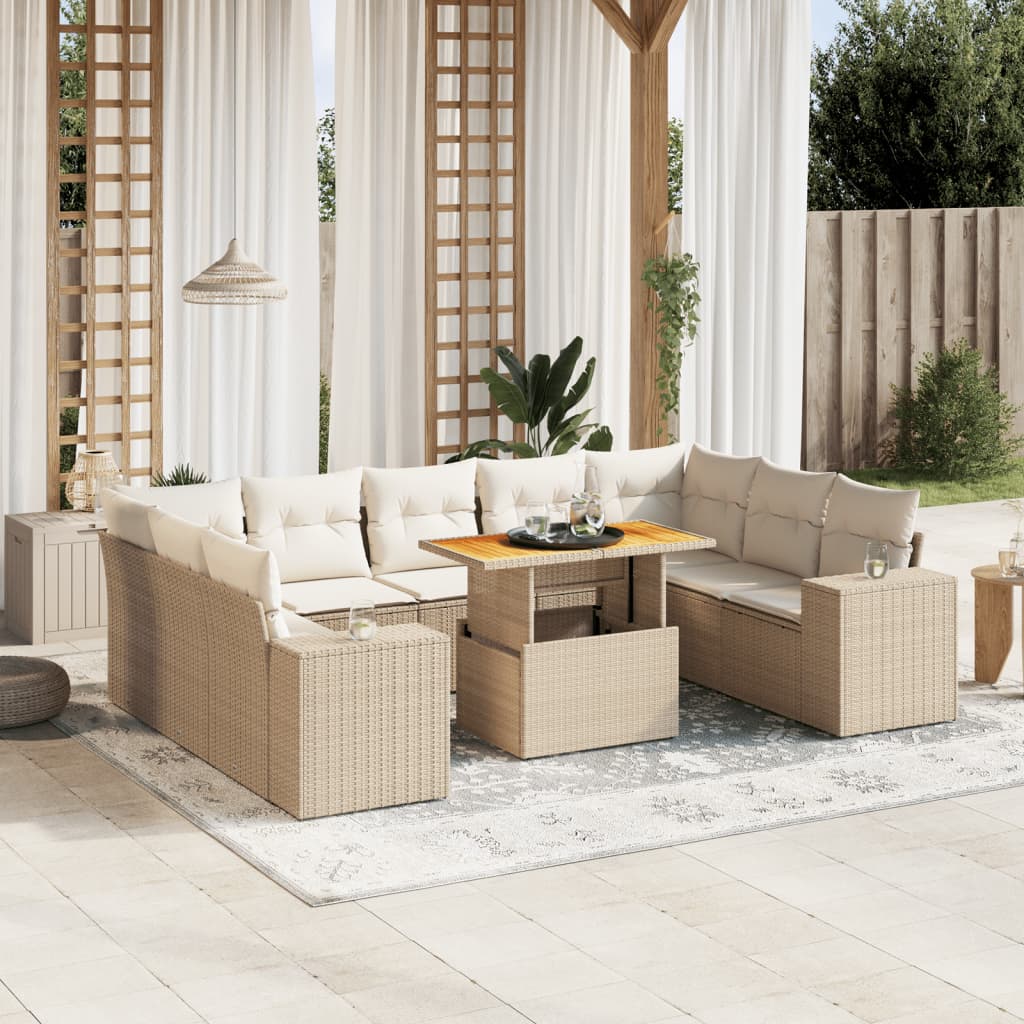 Soffgrupp för trädgård med dynor 10 delar beige konstrotting