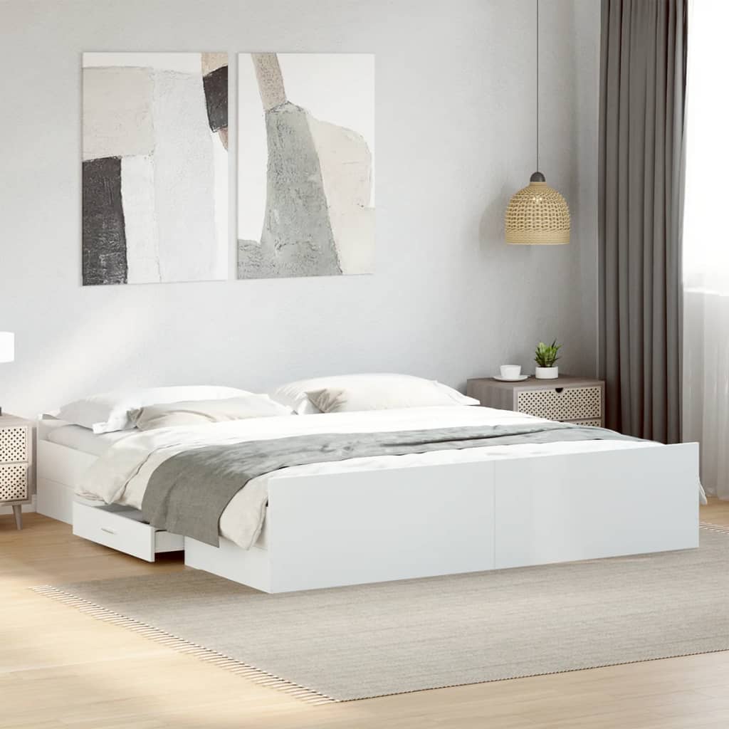 Sängram med lådor vit 200x200 cm konstruerat trä