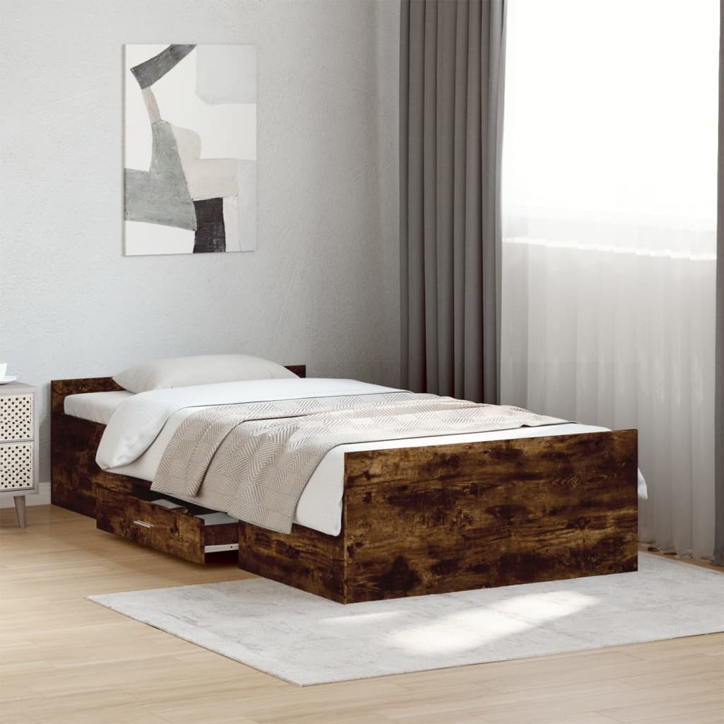 Sängram med lådor rökfärgad ek 90x200 cm konstruerad trä