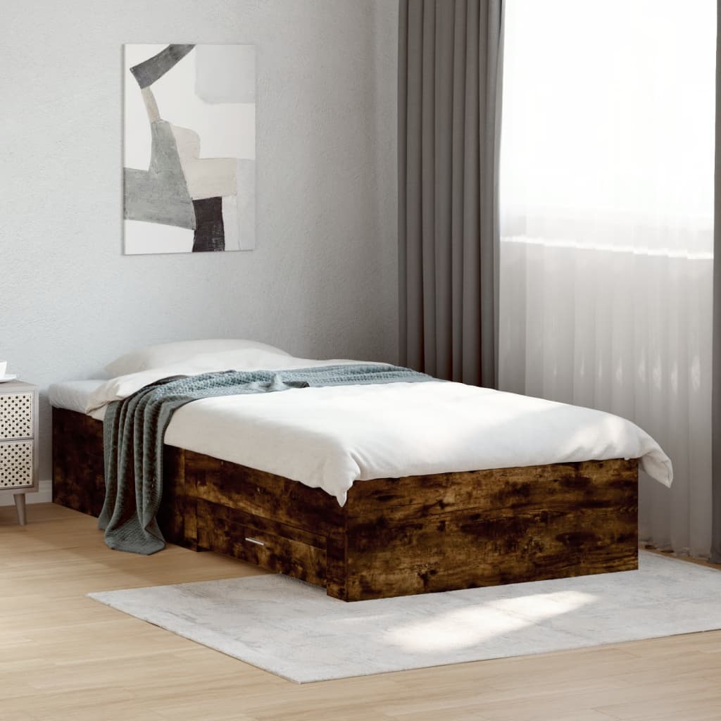 Sängram med lådor rökfärgad ek 90x190 cm konstruerad trä
