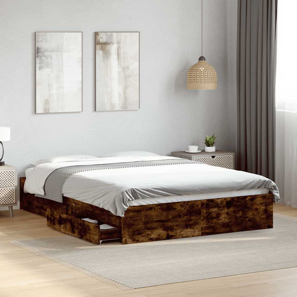 Sängram med lådor rökfärgad ek 135x190 cm konstruerad trä