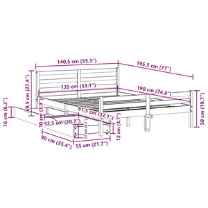 Sängram utan madrass 135x190 cm massiv furu