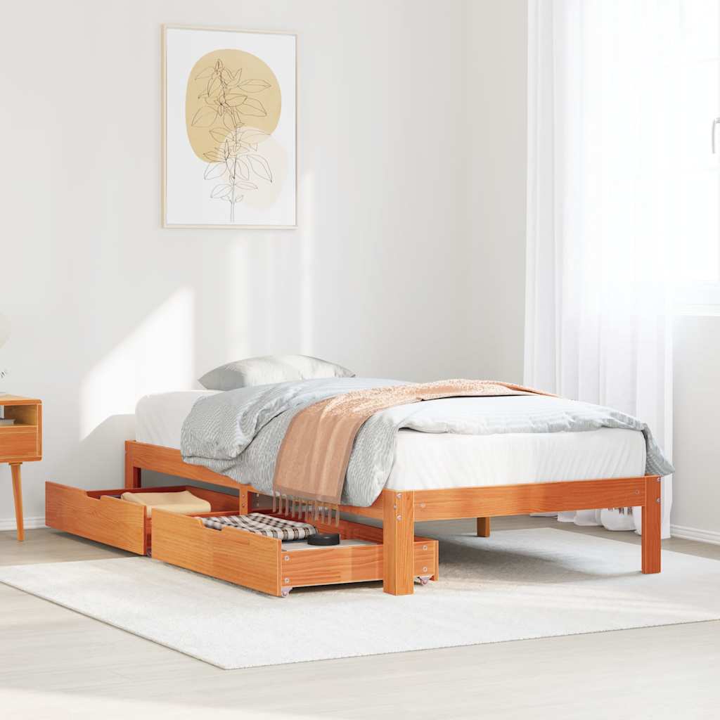 Sängram med lådor vaxad brun 90x190 cm massiv furu