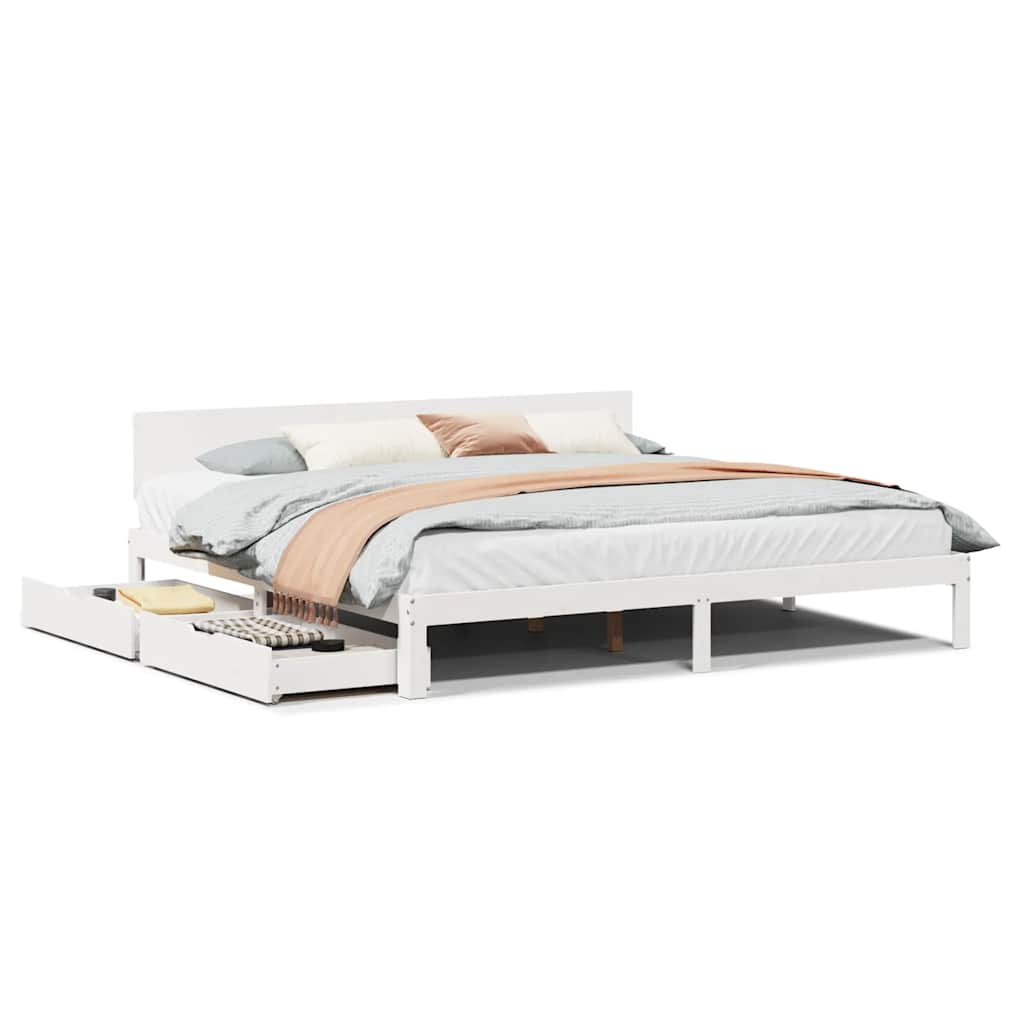 Sängram med lådor vit 200x200 cm massiv furu
