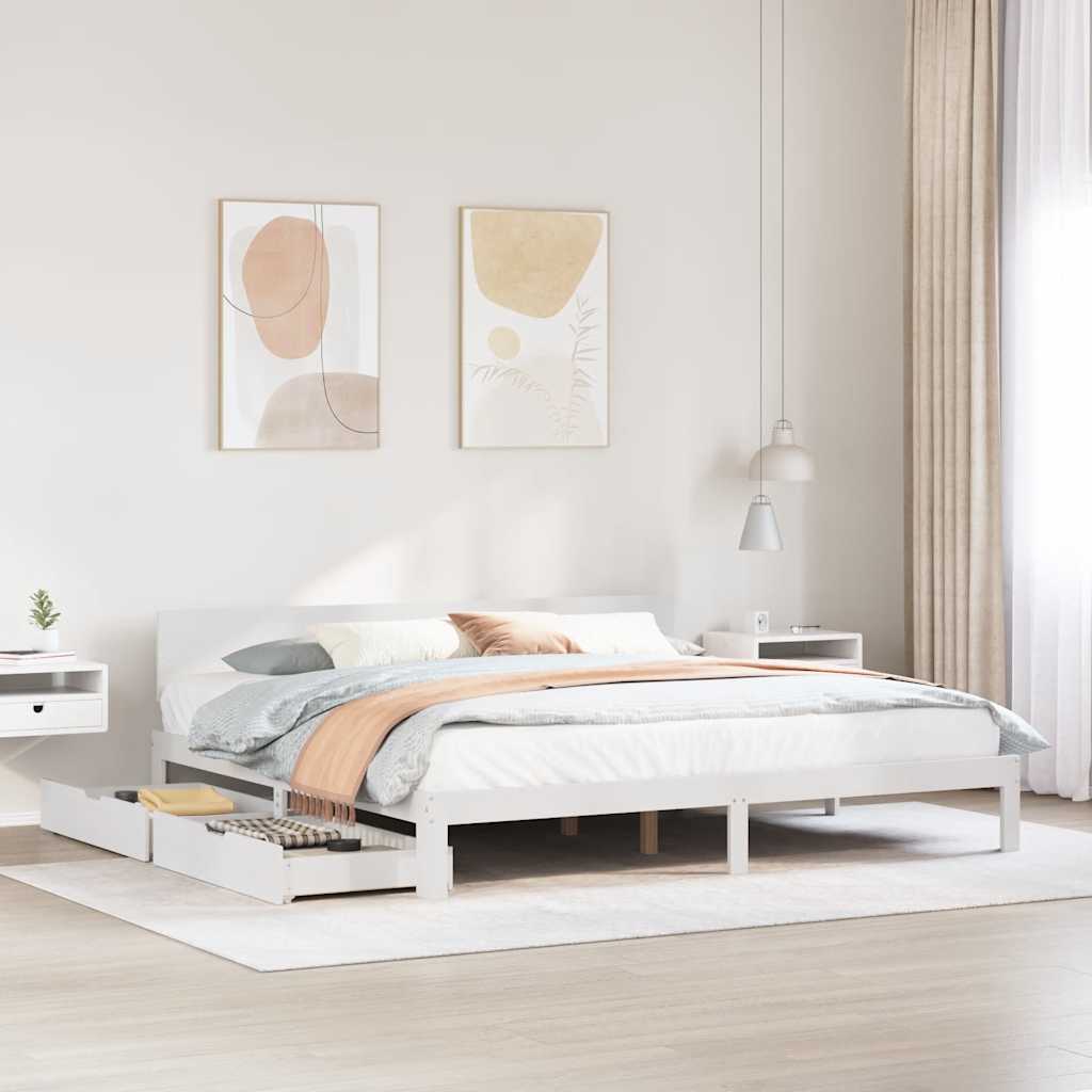 Sängram med lådor vit 200x200 cm massiv furu