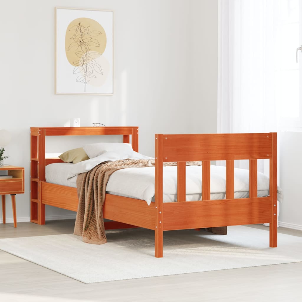 Sängram utan madrass vaxbrun 75x190 cm massiv furu
