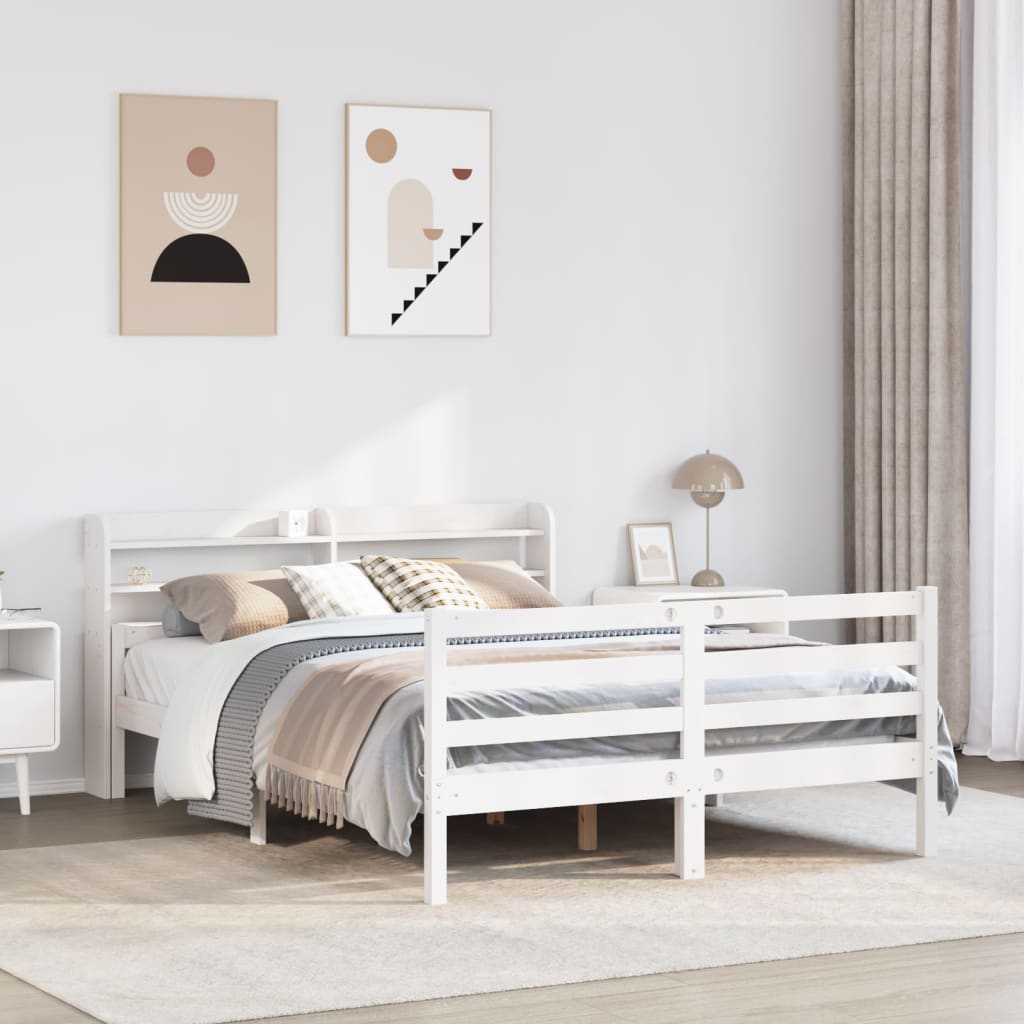 Sängram med huvudgavel vit 135x190 cm massiv furu