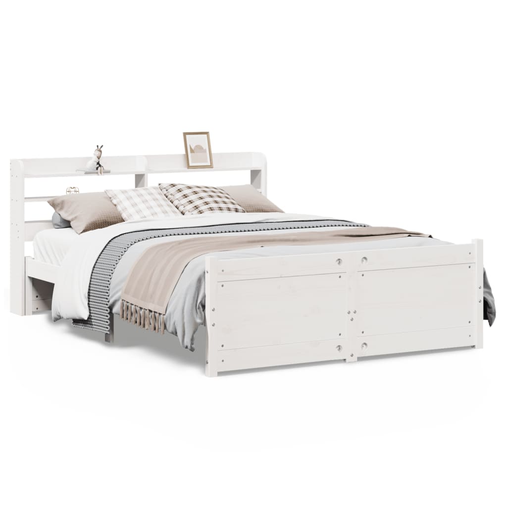 Sängram med huvudgavel vit 135x190 cm massiv furu