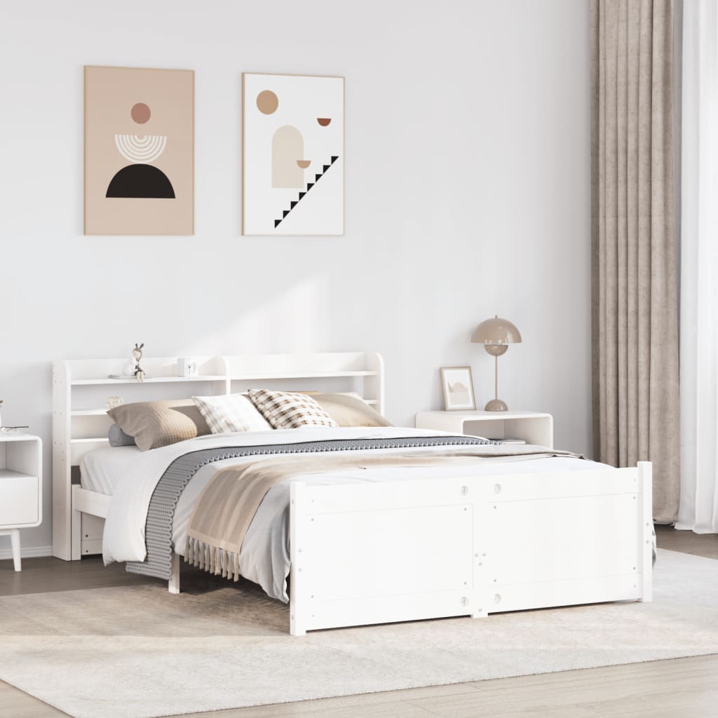 Sängram med huvudgavel vit 135x190 cm massiv furu