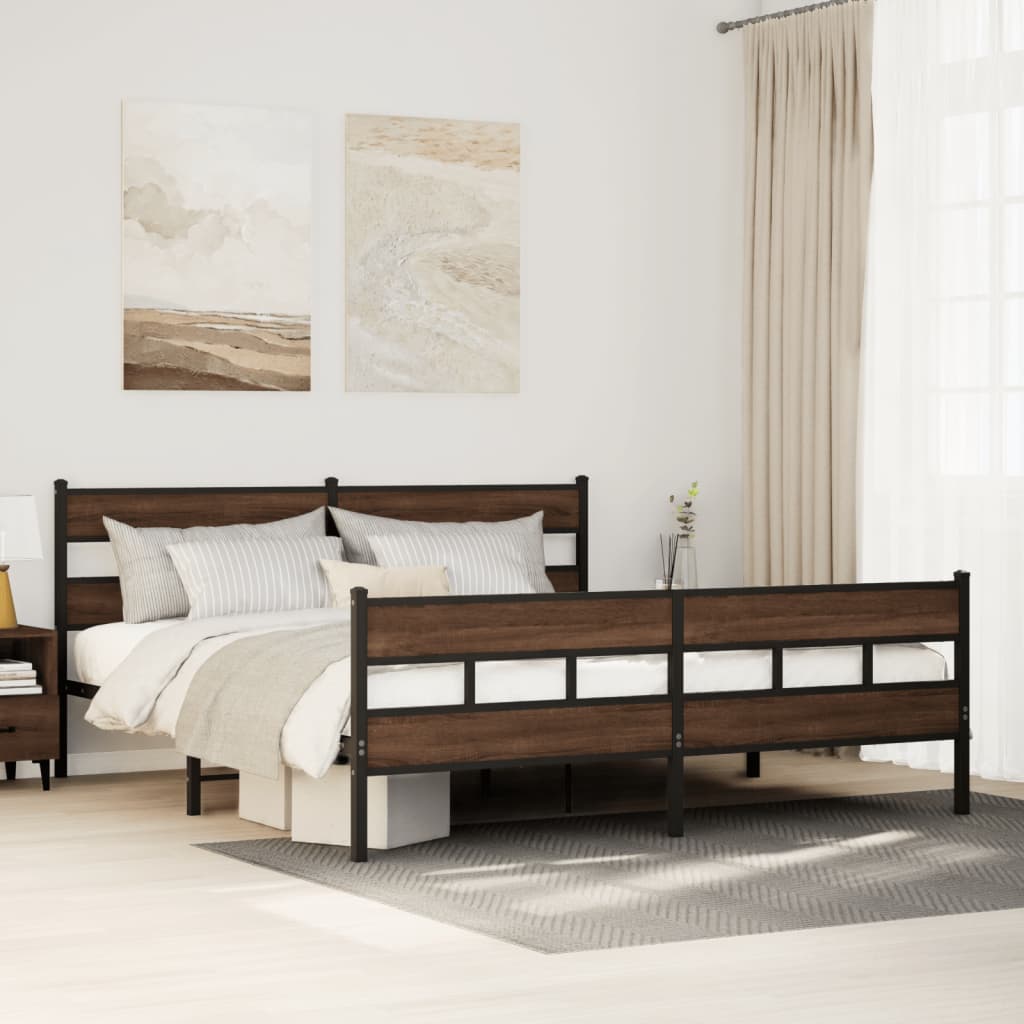 Sängram utan madrass metall brun ek 193x203 cm