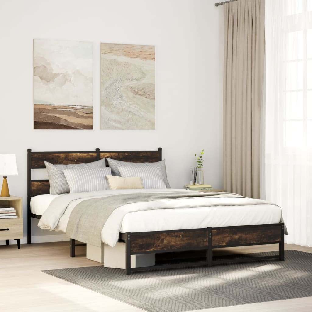 Sängram utan madrass metall rökfärgad ek 150x200 cm