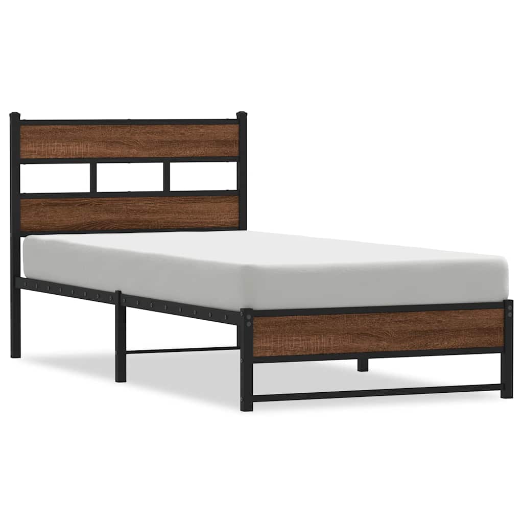 Sängram utan madrass metall brun ek 107x203 cm