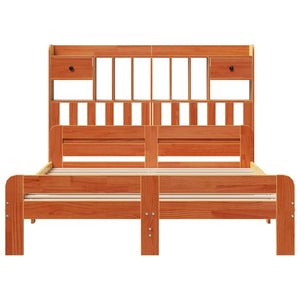 Säng med bokhylla utan madrass vaxbrun 140x190cm massiv furu