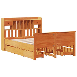 Säng med bokhylla utan madrass vaxbrun 150x200cm massiv furu