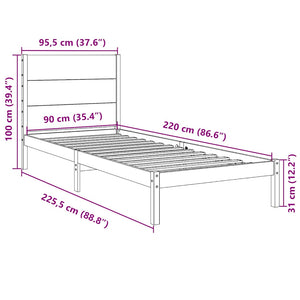 Sängram utan madrass extra lång 90x220 cm massivt trä