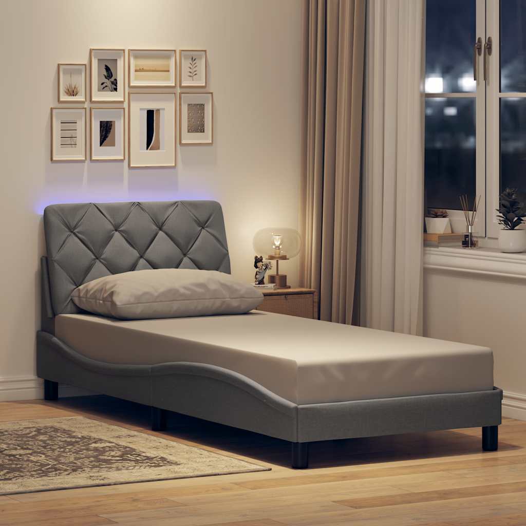 Bed Frame with LED without Mattress Light Grey 90x190 cm Fabric