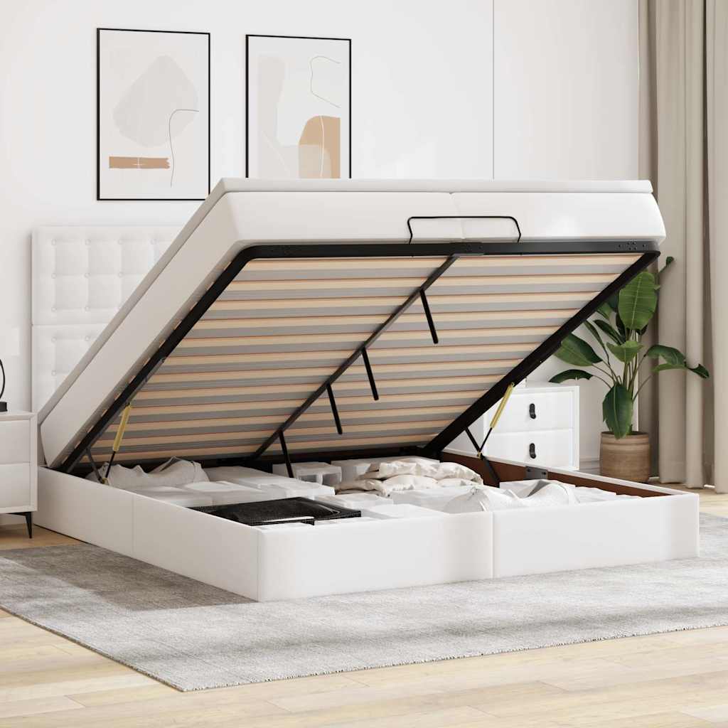 Ottoman sängram med madrasser vit 200x200 cm konstläder