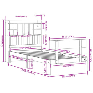 Säng med bokhylla utan madrass vit 90x200cm massiv furu