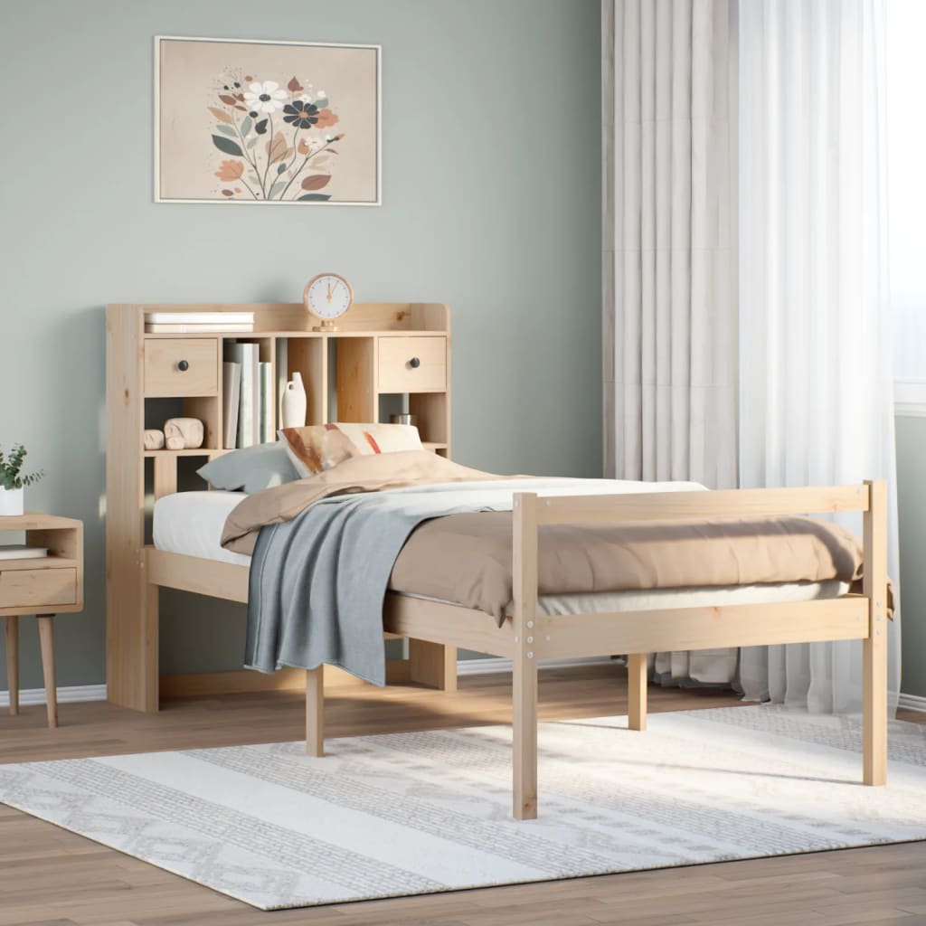 Säng med bokhylla utan madrass 90x190cm massiv furu