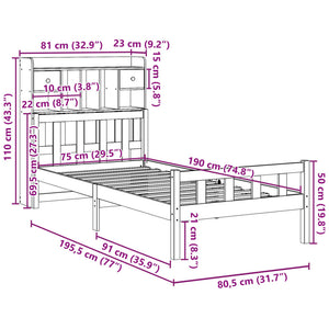 Säng med bokhylla utan madrass vaxbrun 75x190 cm massiv furu