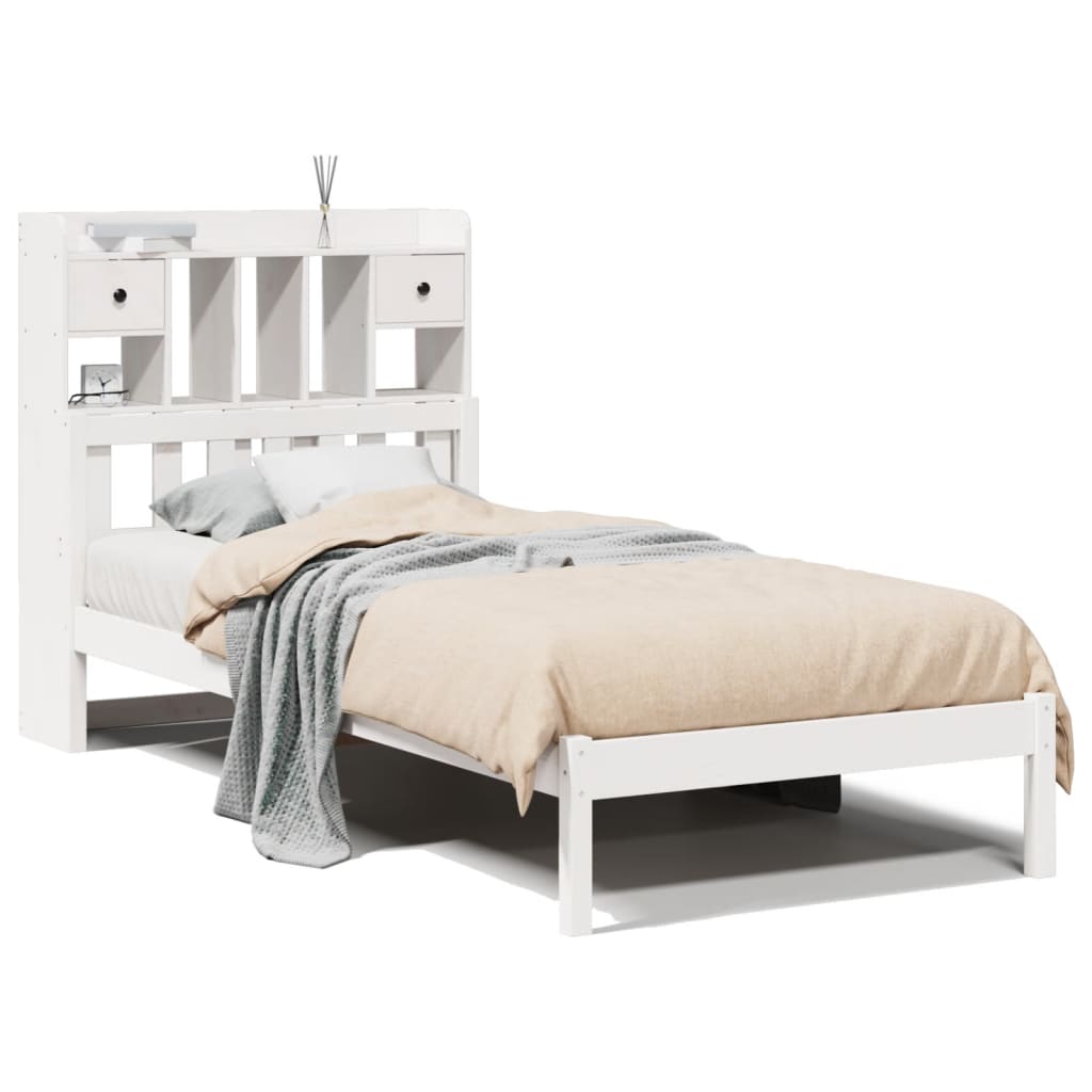Säng med bokhylla utan madrass vit 90x200cm massiv furu